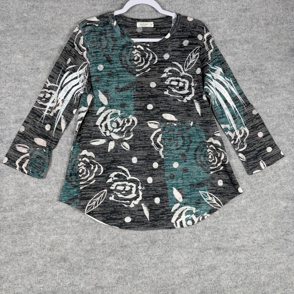 Jess & Jane Size-M Womens Tunic Black Floral 3/4 Sleeve Artsy Floral